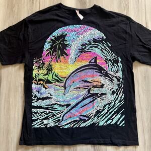 Vintage Dolphin Couple Puffed Paint Swirl Spot Art Black T-shirt Men’s Sz Medium